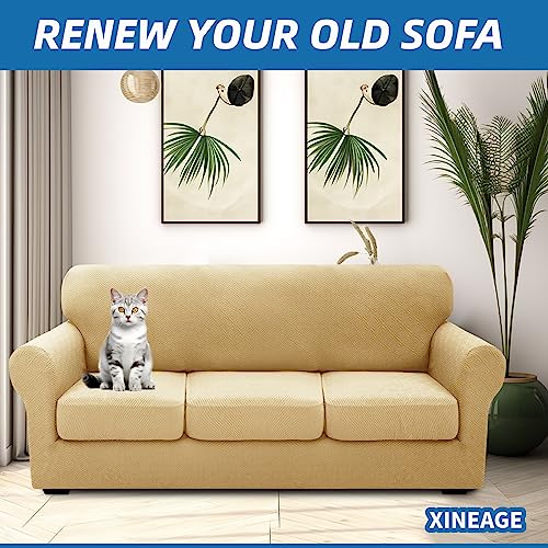 XINEAGE 2025 New 4 Pieces Couch Covers for 3 Cushion Couch Super Stretch Thick Soft Sofa Cover Anti Slip Sofa Slipcover Dogs Cats Furniture Protector (Beige, 71"-91")