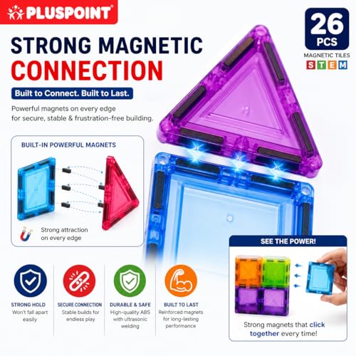 Image of PLUSPOINT 26pc Magnetic Tiles Blocks Building Construction Toys for Kids Ages 3 and Up Imagine and Create STEM Educational Toys for Brain Development and Develop Creativity Toy Blocks