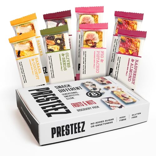 Presteez Fruit and Nut Bars Flavour Selection - No Added Sugar or Sweeteners, Minimally Processed Healthy Snacks, Vegan, Gluten Free, High Fibre Bars, Support Clean Eating, 8 pack: 5 Flavours, 35g