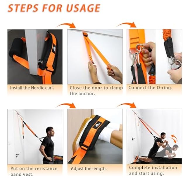 Nordic Hamstring Curl Assistance Band Set with Adjustable Door Anchor, 3x40lbs Resistance Bands for Hamstring Strength Training, Neoprene-Padded Strap for Beginners