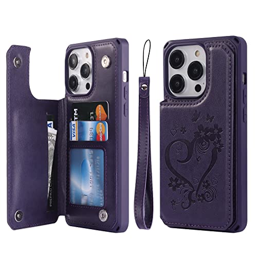 Image of Cavor for iPhone 14 Pro Case with Card Holder,for iPhone 14 Pro Wallet Case for Women Men,Phone Case for iPhone 14 pro with Stand Credit Card Holder, Leather Strap Shockproof Cover- Dark Purple