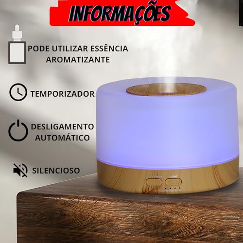 Umidificador Difusor Aromatizador Purificador De Ar 500Ml Ultrassônico Com Controle E Luz De Led 7 C