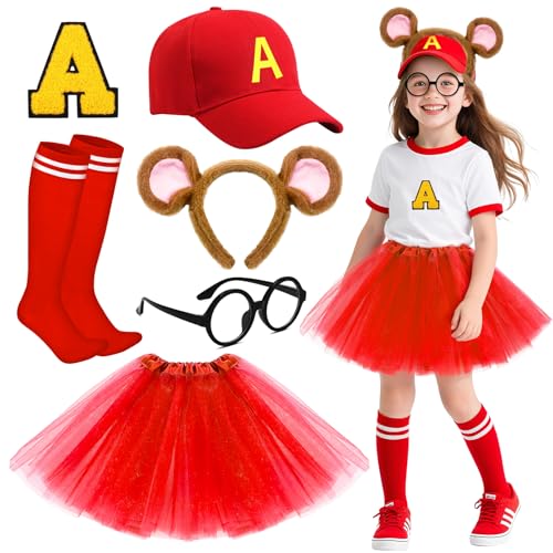 Jokureao Conjunto de 6 piezas de disfraz de ardillas para niños, traje de ardilla de dibujos animados con sombrero, gafas, diadema, falda, calcetines, parche, disfraz del Día Mundial del Libro