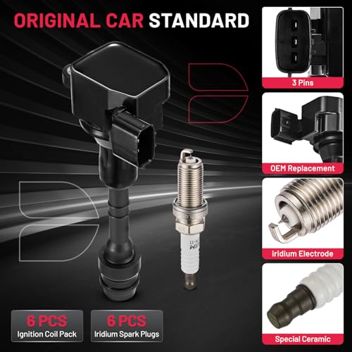 Image of BDFHYK Ignition Coil Pack UF349 and Iridium Spark Plug 6376 Compatible with Nissan Altima 2005 2006 Nissan Xterra 2008 Nissan Maxima Pathfinder Frontier INFINITI I35 QX4 Nissan Coil Pack Set of 6