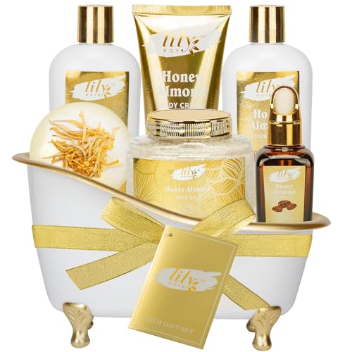 Honey Almond Spa Gifts for Mom - 7Pcs Moisturizing Spa Set for Women & Men