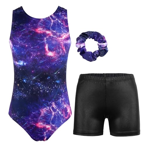 JESKIDS Gymnastics Leotards for Girls Dance Unitards Biketards Matching Shorts Activewear Suits for Girls 4-13 Years Purple Cosmic 4-5T