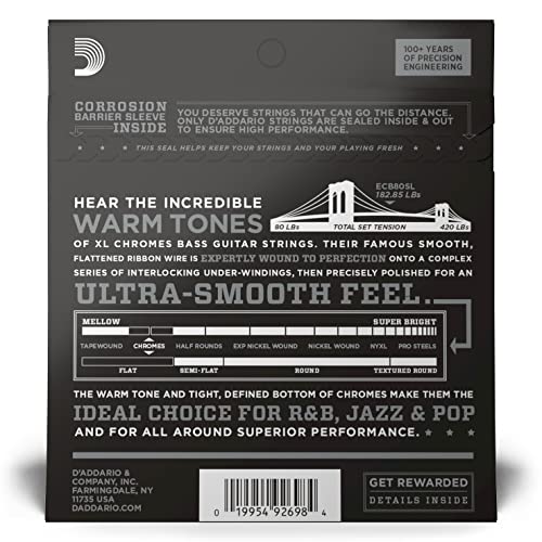 D'addario Xl Chromes Flat Wound Bass Guitar Strings - Ecb80Sl - Super Long Scale - Super Light, 40-95 #TOP30