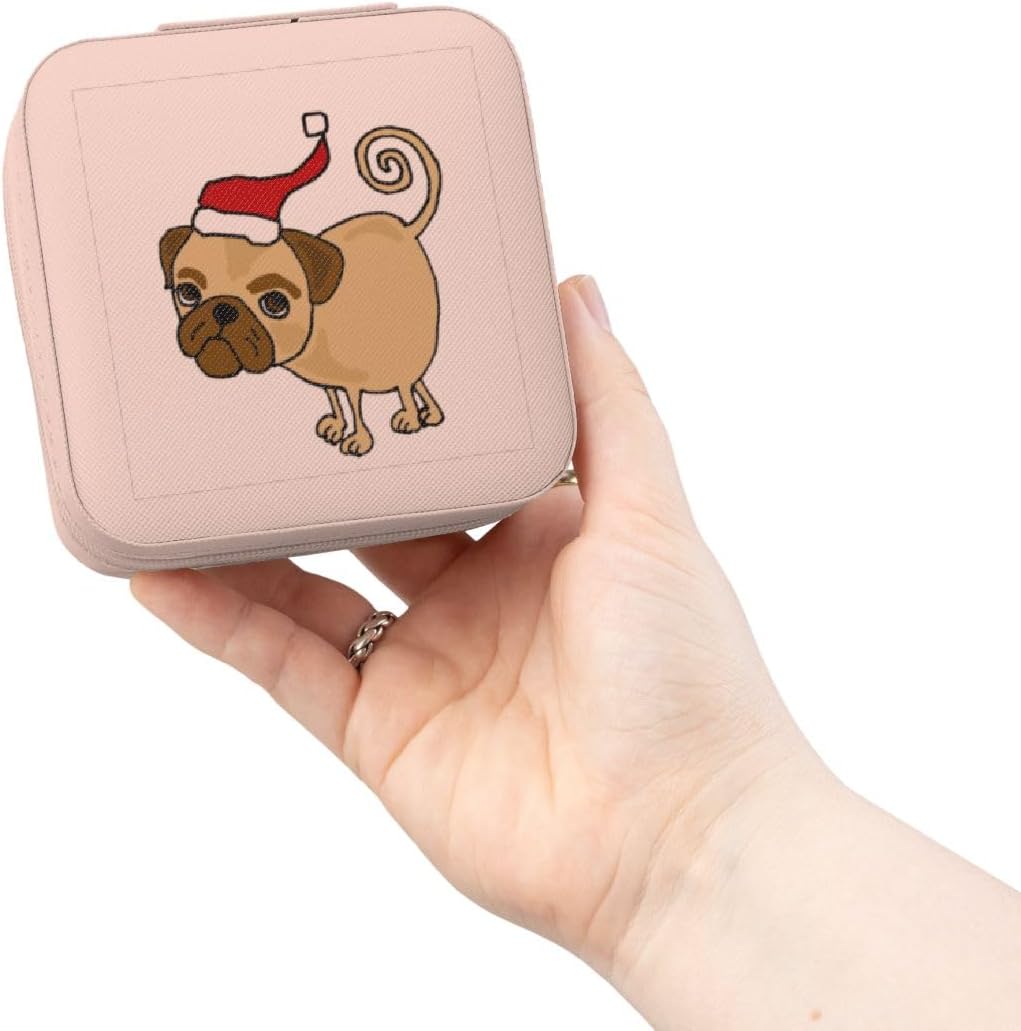 3dRose Funny Pug Puppy Dog Wearing Santa Hat Jewelry Travel Case Pink