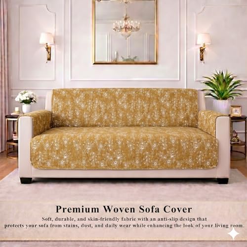 Image of STITCHNEST 'Opulence Series' Floral Woven Sofa Cover for 3 Seater | Premium Soft Fabric Sofa Protector | Yellow Floral Pattern with Armrest Pockets | Durable Living Room Furniture Cover