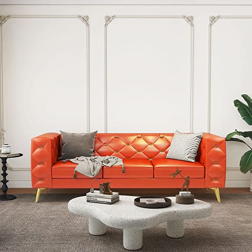 Nosga Modern 3 Seater Sofa, Modern Living Room Sofa, 84”Metal Pull Buckle Upholstered Sofa With High Arms And Metal Legs Pu Sofa For Bedroom, Office And Living Room (Pu-Orange) #TOP10