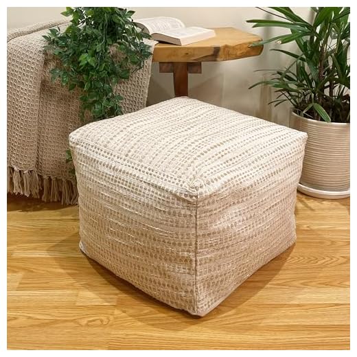 Chardin home Unstuffed Ottoman, Cozy & Bohemian Pouf Covers, Hand Crafted Casual Seating, Footrest, Square Floor Pillow for Home, Office, Bedroom, Living Room, 16.5" x 16.5"x 12.9", Beige-Off White