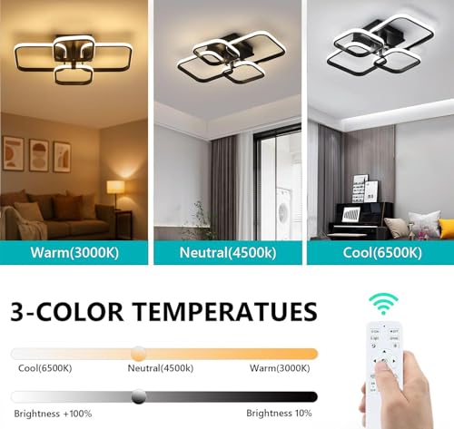 Image of 36W Dimmable Modern LED Ceiling Chandelier Light with Remote Control | 3 Colour Temperature (3000K /6500K) Flush Mount Fancy Square Ring Ceiling Lamp for Living Room Bedroom Hall Office Lighting