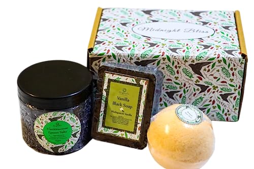 Craftiela Midnight Bliss Natural Vegan Organic Gift Set For Her Bergamot Bath Bomb, Madagascan Vanilla Black Handmade Soap, Frankinscense Epsom Bath Crystals Healthy Spa Woman Gift