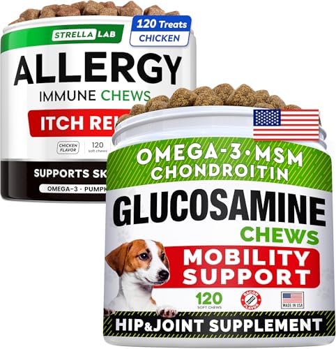 Glucosamine Treats + Allergy Relief Dog Bundle - Joint Supplement w/Omega-3 Fish Oil + Itchy Skin Relief - Chondroitin, MSM + Pumpkin + Enzymes + Turmeric - Skin & Coat - 120+120 Chews - Made in USA image 5