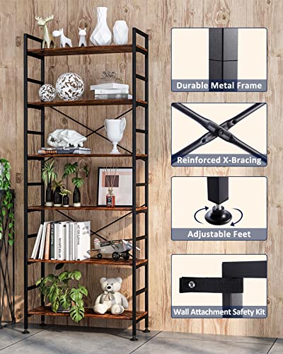Cosystar 6-Tier Adjustable Tall Bookcase, Rustic Wood And Metal Standing Bookshelf, Industrial Vintage Book Shelf Unit, Open Back Modern Office Bookcases #TOP3