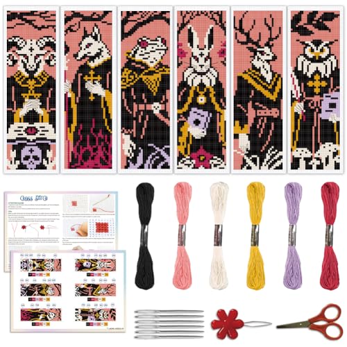 Image of ACRNIGHEET 6PCS Cross Stitch Bookmark Kit for Beginner Stamped Cross Stitch Kits for Adults Gothic Animals DIY Embroidery Bookmark Kits Needlepoint Kit with Instructions Hand Craft Gift 8.5''x3'' 11CT