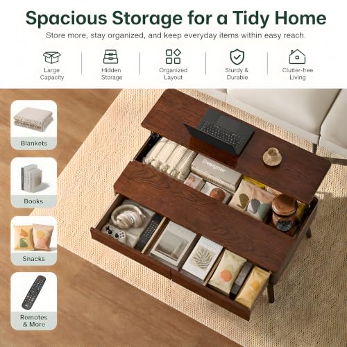 Image of Solid Oak Wood Lift Top Coffee Table for Living Room, Fully-Assembled