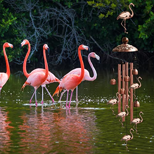 Flamingo Wind Chimes, Sukesiai Brass Memorial Wind Chime With Round Aluminum Tubes, Bells, Flamingos And S Hook For Indoor And Outdoor, Garden Windchimes Retro Patio Decorations Gifts For Men Women #TOP1