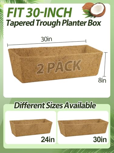 Image of 30in Tapered Coco Liners for Window Planter Box - 2 Pack 100% Natural Coconut Coir Fiber Liner Replacement for Deck Flower Box, Garden Railing Fence Wall Planter Basket