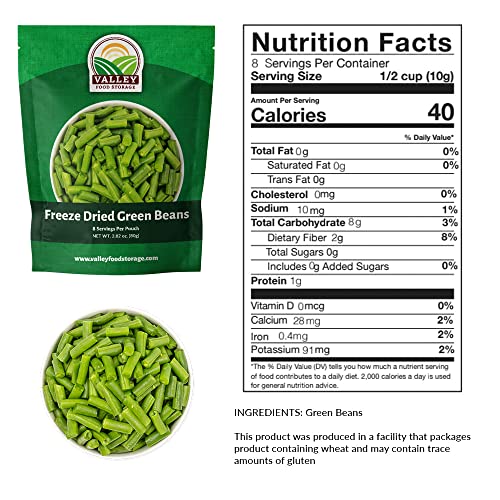 Valley Food Storage Freeze Dried Green Beans, 2.82 Oz Pouch | Premium Lightweight Camping Freeze-Dried Food | Non-Gmo Natural Healthy Snacks In Resealable Mylar Bag | Easy Prep Survival Hiking Food #TOP1