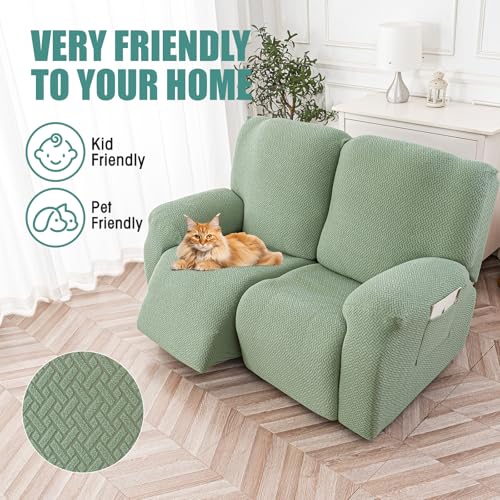 Image of Genina Recliner Loveseat Cover Stretch Couch Covers Sofa slipcover for 2 Seat Reclining Couch Thick Jacquard Furniture Protector (Matcha Green)