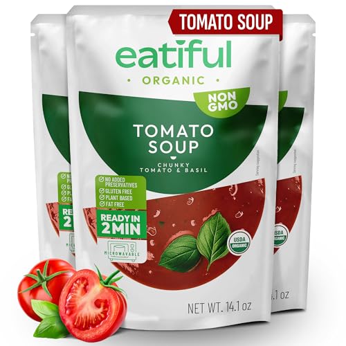 Image of EATIFUL Organic Tomato Soup, Ready To Eat Vegan Plant Based Creamy Tomatoes Soup, No Added Preservatives, Gluten Free, NON GMO, 14.1 Ounce (Pack of 3)
