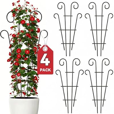 Thealyn 4 Pack 32 Inch Plant Trellis for Potted Plants, Metal Garden Trellis for Climbing Plants, Indoor Outdoor Decorative Vine Support for Pots, Wave Shape, Black