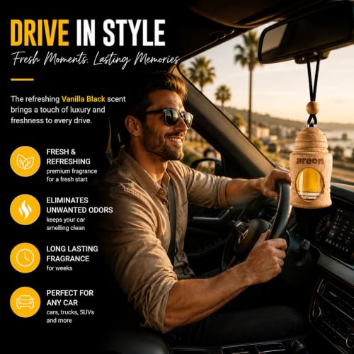 Image of AREON Fresco Premium Hanging Car Air Freshener, Vanilla Black, Pack of 1 | Premium Wooden Hanging Car Air Freshener with an Elegant, Compact Design. Suitable for Use in Cars, SUVs, Vans, and Trucks.