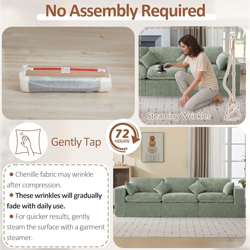 Image of 115''Cloud Boneless Sectional Couch, Modular Sectional Sofa Deep Seat, Oversized Upholstered Convertible Comfy 3 Seater Chenille Memory Foam Sofa Couches for Living Room, Green