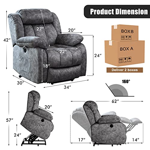 Senyun Electric Power Lift Recliner Chair With Heat & Massage For Elderly, Plush Fabric Reclining Chairs For Seniors Home Living Room, Dark Gray #TOP1