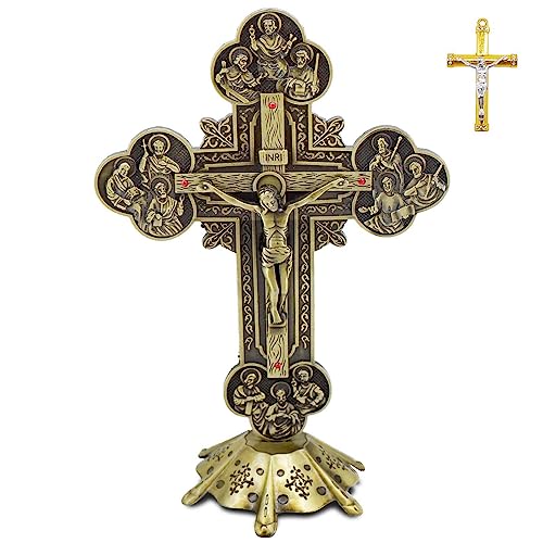 Jesus Altar Table Cross,Religious Crucifix Wall Decor with Stand,Metal Christian Wall-Mounted Ornament for Prayer,Catholic Ornaments