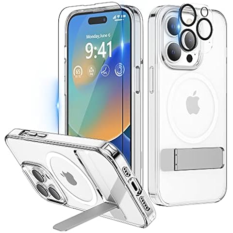 Niunisi Magnetic Case for iPhone 14 Pro Case 6.1-Inch (2022), Slim Kickstand with Screen Protector Compatible with Magsafe Shockproof Crystal Clear Cases Phone Case Cover, Clear Cover