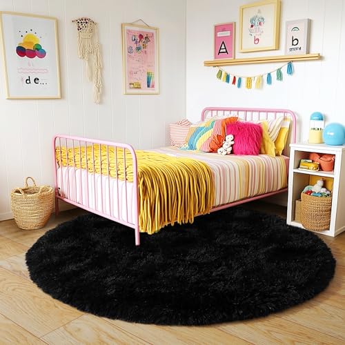4'x4' Black Round Rug for Bedroom, Ultra Soft Fluffy Circle Rug for Kids Girls Boys Room, Cute Shag Rugs for Living Room Playroom Teen Room Home Decor Rug
