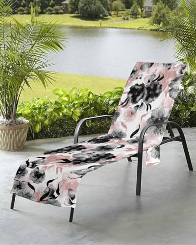 Beach Pool Patio Lounge Chaise Chair Cover Towel with Pockets,Abstract Red Absorbent & Quick Dry Microfiber Towel Cover Bag Summer Travel Accessories Country Black Flower Oriental Ink Painting