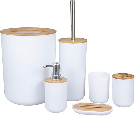 Tongdejing Juego de Accesorios de baño de Madera de bambú, Juego de Regalo de 6 CS, Cepillo de baño, dispensador de jabón, Papelera, Soporte para ...