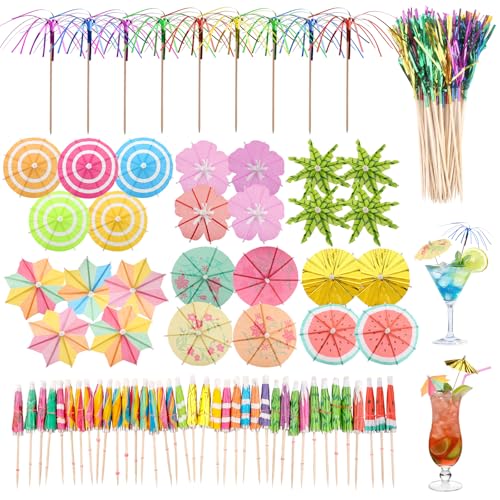 HOWAB Cocktail Deko Schirmchen Zubehör: 135 Stück Cocktailschirmchen mit Zahnstocher Holz Papierschirmchen für Summer Party Mini Sonnenschirm Dekoration Palmen Hawaii