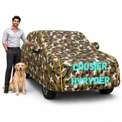 Image of Waterproof Car Cover for Crusier Hyryder | Soft Cotton Lining Heavy Duty Triple Stitched Heat Resistant Outdoor Cover Comes with Mirror and Antenna Pocket Full Bottom Elastic (Zig Zag Jungle)