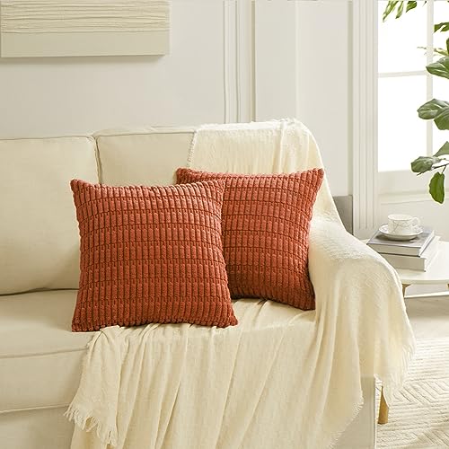 Rustic Boho Burnt Orange Decorative Throw Pillow Covers for Couch, Bed, or Sofa - Set of 4 - 24x24 Inch Square Cushion Cases for Farmhouse Home Decor - Soft Plush Corduroy - 60x60 cm