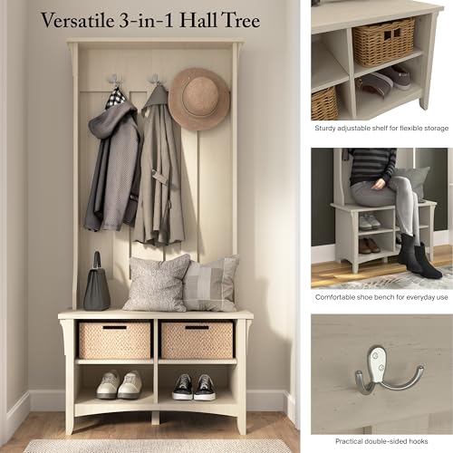 Image of Bush Home Salinas Hall Tree with Shoe Storage Bench in Antique White, Multi-Purpose Home Organizer, Entryway Solution with Seating and Hooks