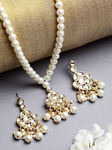 Karatcart Gold Plated Pearl Beads Studded Kundan Necklace Set for Women - Image 5