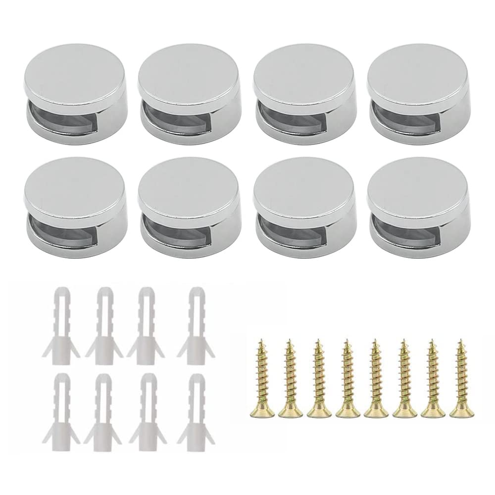 8Pcs Mirror Clip Glass Clamp Zinc Alloy Wall Bracket Clips Set Glass Clip Bathroom Mirror Holder with Plugs and Screws Glass Shelf Clamp Holder for 3-5mm/6-7mm Thickness Glass(K044-Silver)