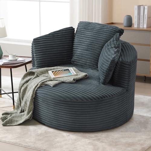 Image of 48.8-inch Round Chair, Modern Accent Corduroy Comfy Deep Seat Boneless Foam Floor Single Circle Chaise Sofa Chair with 3 Pillows for Living Room Bedroom Office, No Assembly Required, Dark Grey