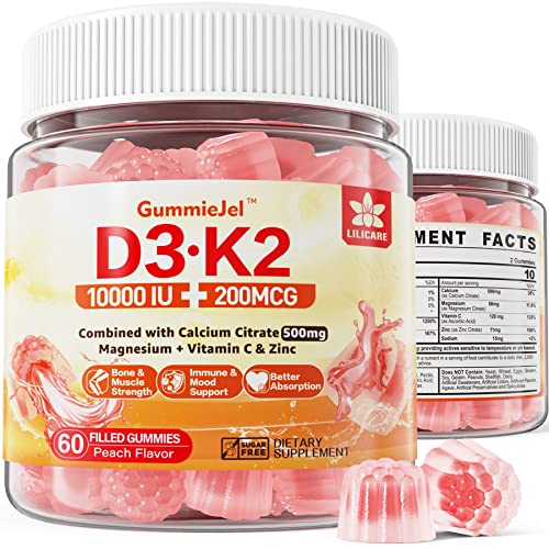 Sugar-Free Vitamin D3 K2 Filled Gummies 5000Iu / 10,000 Iu With 500Mg Calcium + K2 (Mk-7) 200Mcg, Magnesium Citrate, Vitamin C, Extra Strength - Ultimate Absorption For Bone Muscle Teeth Immune, Vegan #TOP10
