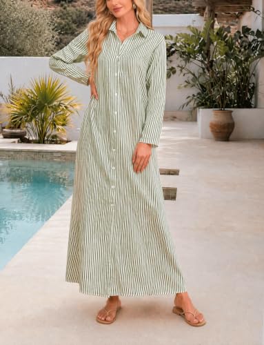 Image of Ladyful Women's Cotton Linen Maxi Dress Summer Long Sleeve Shirt Dress | Button down, Collared, Pockets, Solid color /Striped, Summer Caftans for women, Plus size, Cotton maxi dress for Party, Beach