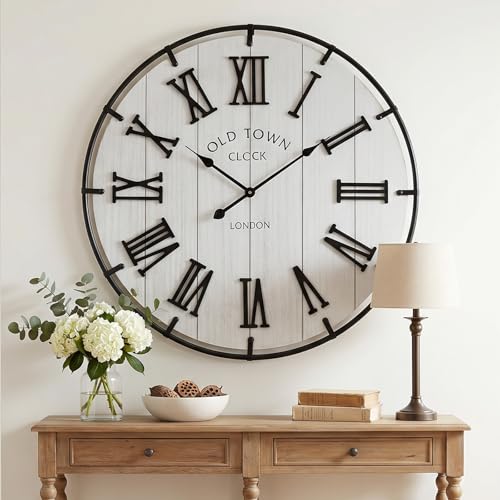 Image of EMAX HOME Large 30 Inch Farmhouse Wall Clock, Rustic Distressed Wooden Face with Black Metal Frame, Silent Non-Ticking Quartz Movement, for Living Room, Bedroom, Kitchen, and Home Office Decor