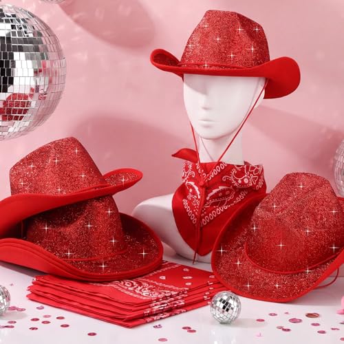 Image of Coume 12 Pcs Sparkly Adults Cowboy Hat and Bandanas Women Men Western Glitter Cowgirl Party Hats with Adjustable Drawstring