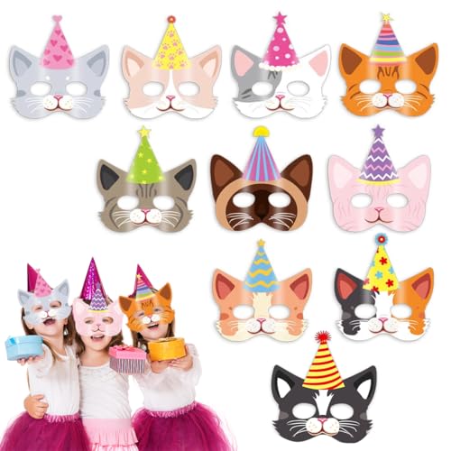 JYNVO 12 peças máscara de gato, máscara de aniversário de gato, máscaras de papel animais, máscaras de festa, festa de aniversário infantil, meninos e meninas, Natal, carnaval, festa de cosplay