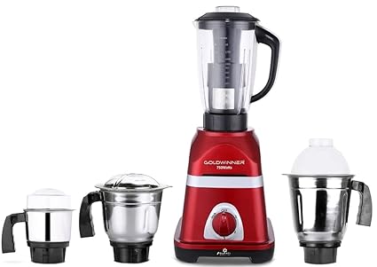 Goldwinner Diaa 750W Mixer Grinder with 3 Stainless Steel Jars and 1 Juicer Jar (1 Wet Jar, 1 Dry Jar and 1 Chutney Jar), Red.Make in India(ISI Certified)