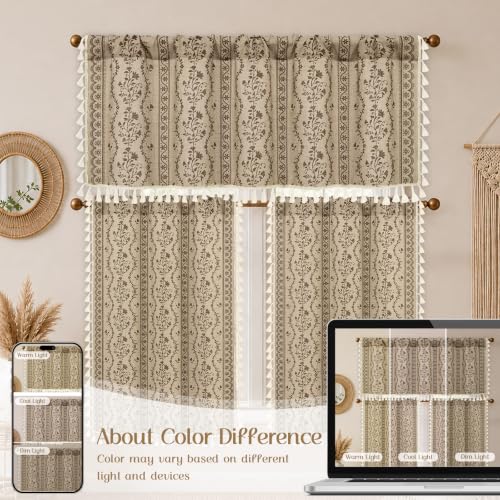 Image of Yinhua Boho Valance Curtains Vintage Linen Kitchen Valances for Windows Light Filtering Bohemian Floral Valance Rod Pocket Tassel Window Valances for Bathroom Cafe, 52 inch W X 18 inch L, Beige Brown