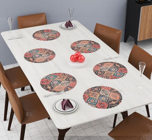 Image of LaVichitra Cotton Table Placemat | Dining Table Mat | Bed Side Table Mat | Cotton Round Shape Placemats | Washable PlaceMat for Shelves & Plant Pots - Pack of 6, Bohemian Ogee
